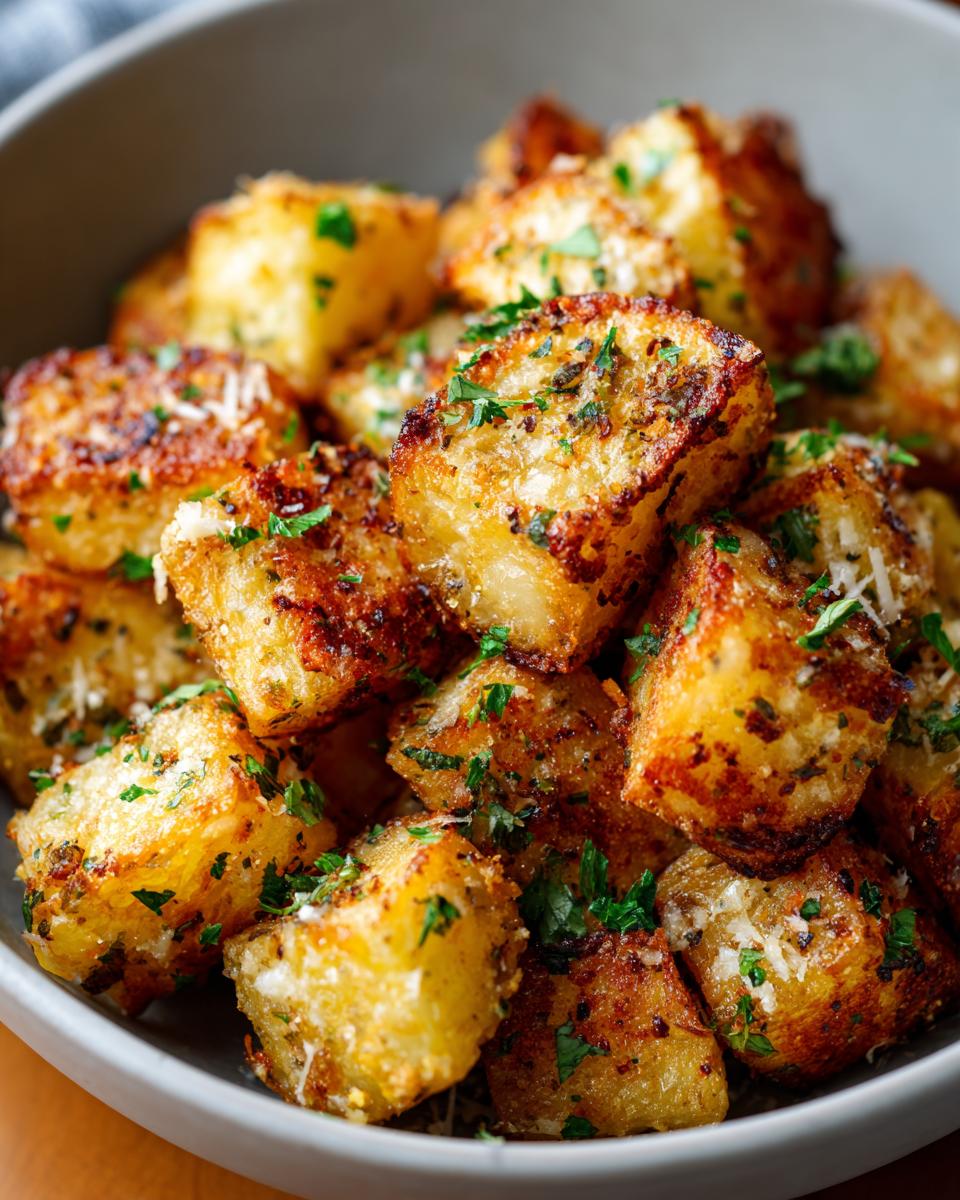 Close-up of crispy air fryer garlic parmesan potatoes sprinkled with fresh parsley and grated cheese.