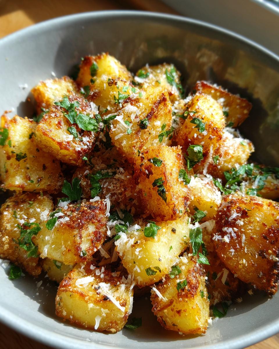 Close-up of golden brown air fryer garlic parmesan potatoes sprinkled with fresh parsley and grated cheese.
