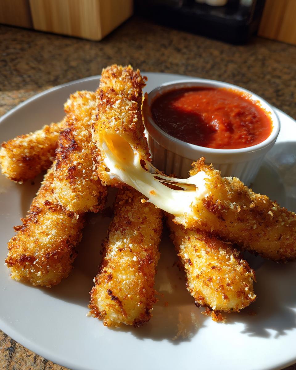 Golden brown air fryer mozzarella sticks with gooey cheese pull, served with a side of marinara sauce.
