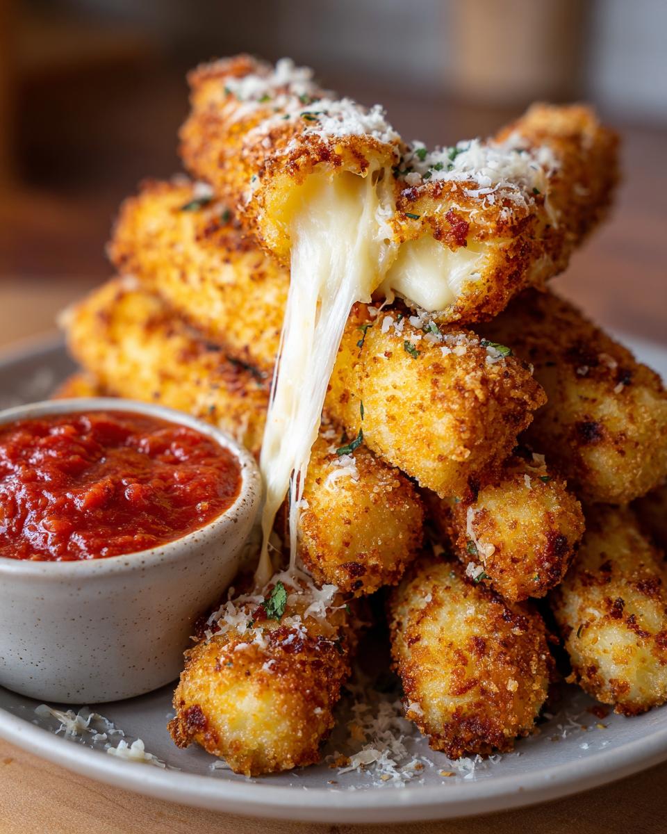 Golden brown air fryer mozzarella sticks with a gooey cheese pull, served with marinara sauce.