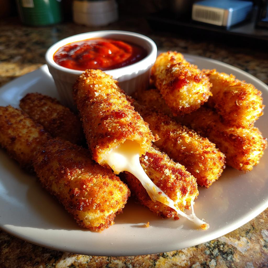 Golden brown air fryer mozzarella sticks with a gooey cheese pull, served with marinara sauce.