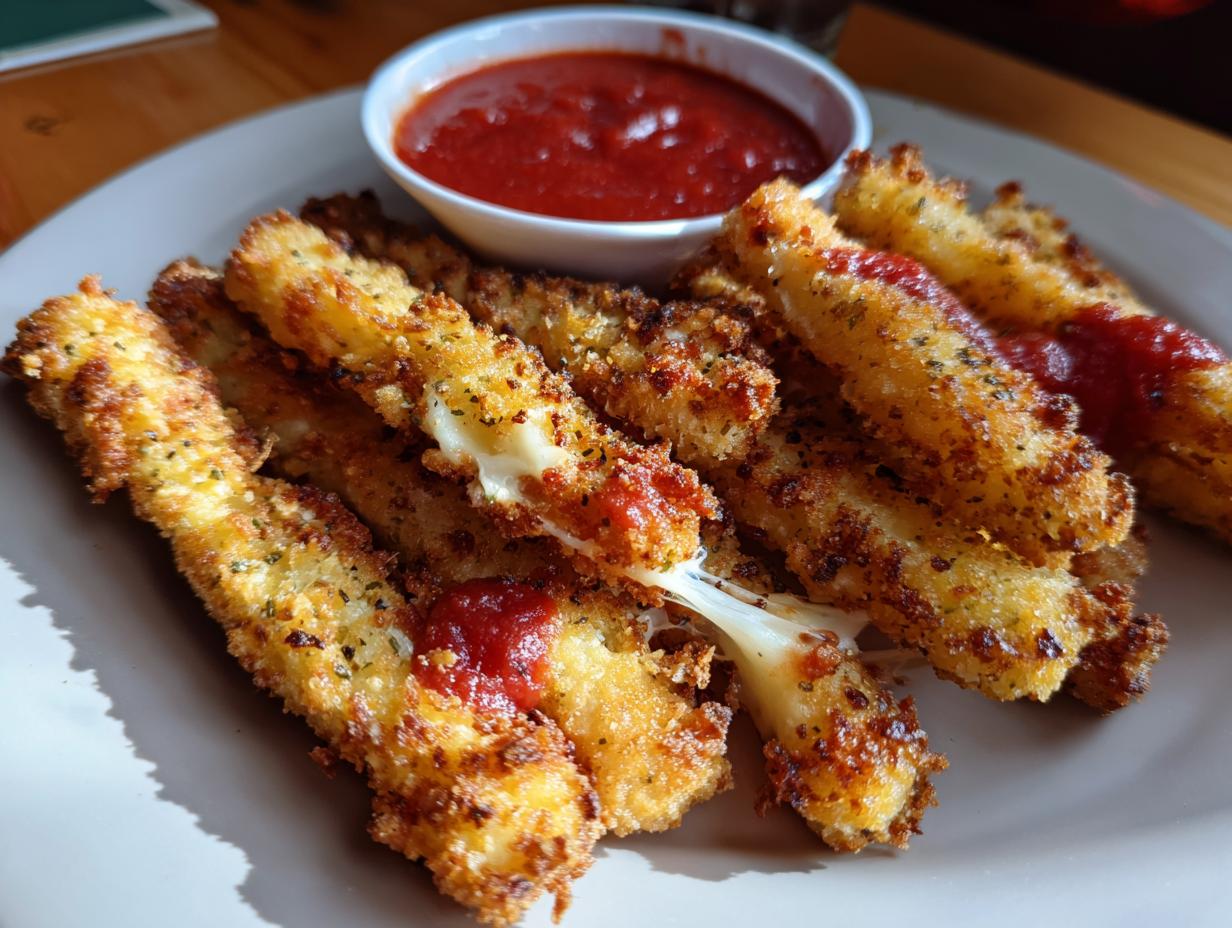 Golden brown air fryer mozzarella sticks with melted cheese oozing out, served with marinara sauce.