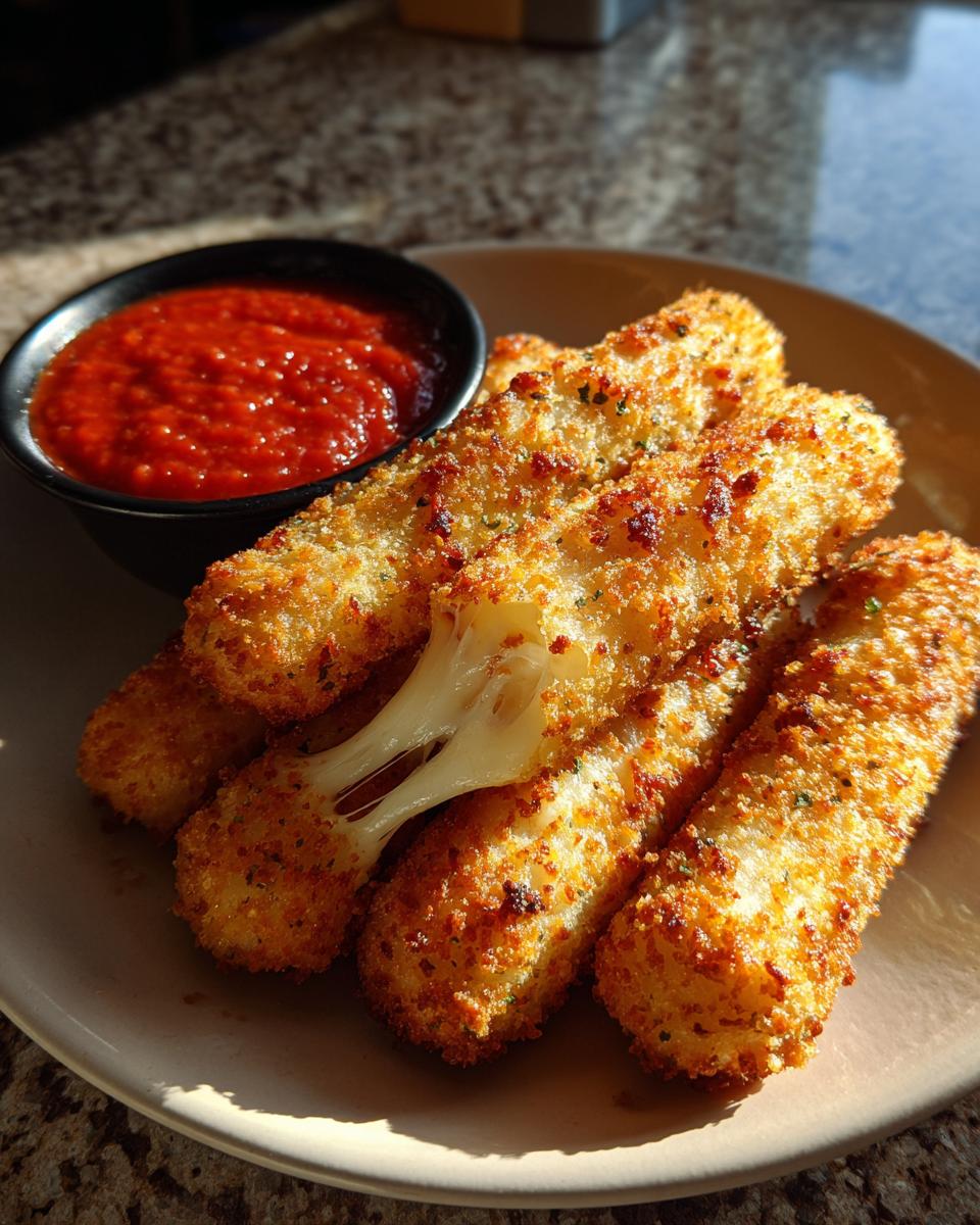 Golden brown air fryer mozzarella sticks with melted cheese oozing out, served with marinara sauce.