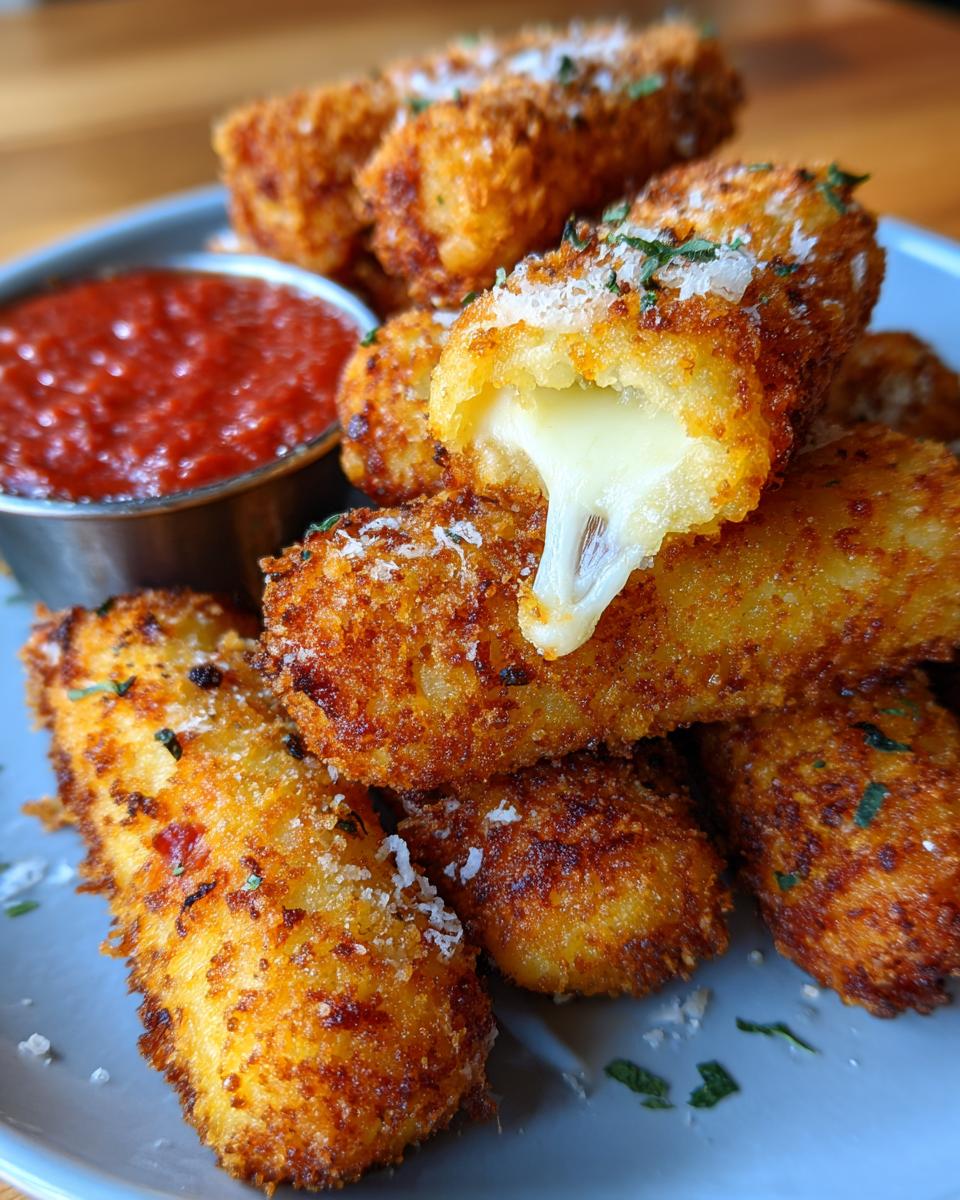 Golden brown air fryer mozzarella sticks with melted cheese oozing out, served with marinara sauce.