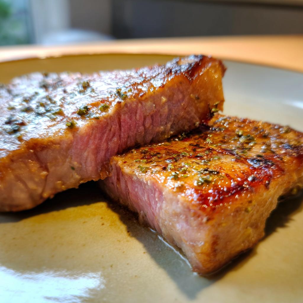 Close-up of two juicy air fryer pork chops, seasoned with herbs, on a plate.