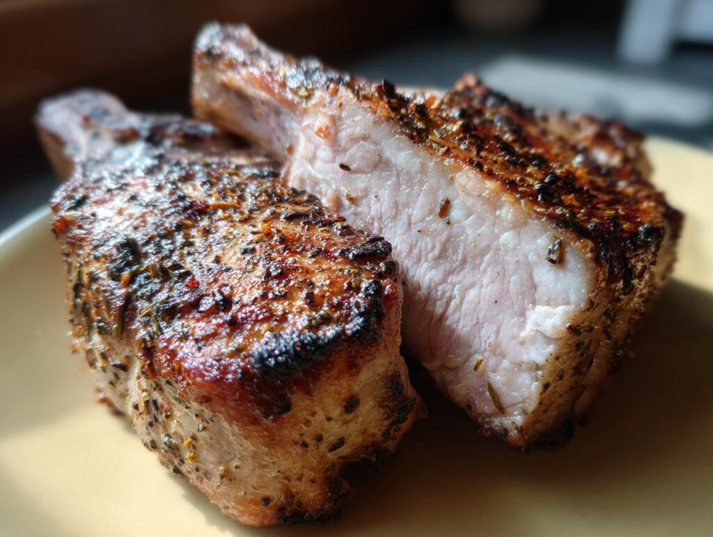 Two juicy air fryer pork chops seasoned with herbs, ready to be served.