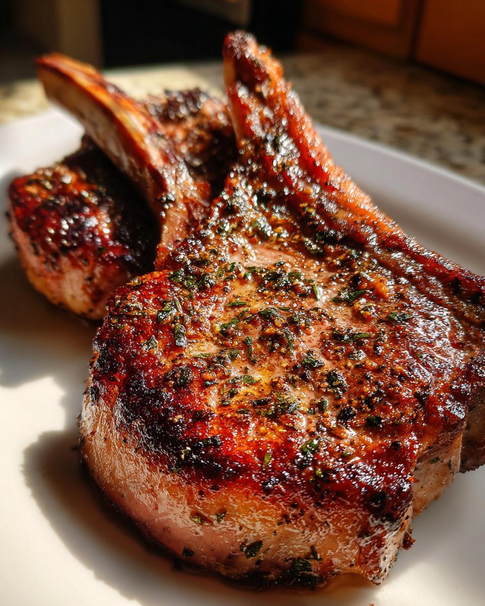 Close-up of two juicy air fryer pork chops seasoned with herbs, ready to be served.