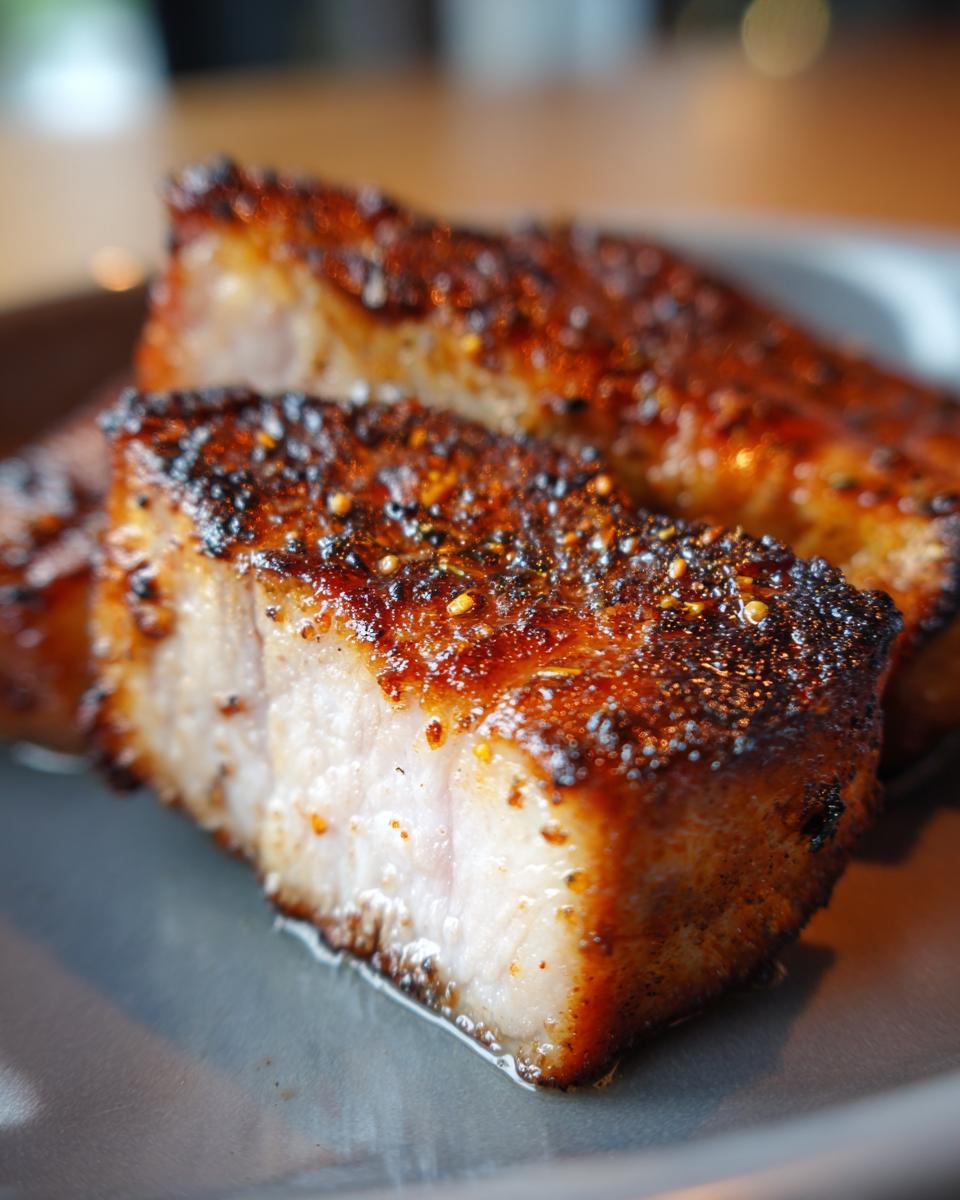 Close-up of perfectly cooked, juicy air fryer pork chops with a crispy, seasoned crust.