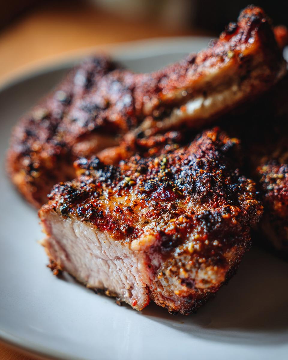 Close-up of perfectly cooked, juicy pork chops seasoned with spices, made using air fryer recipes.