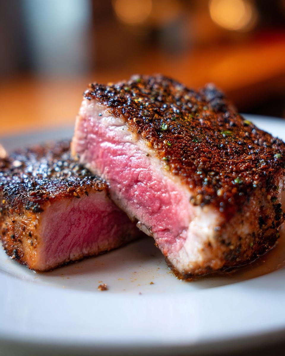 Close-up of two juicy air fryer pork chops, perfectly cooked with a flavorful crust.