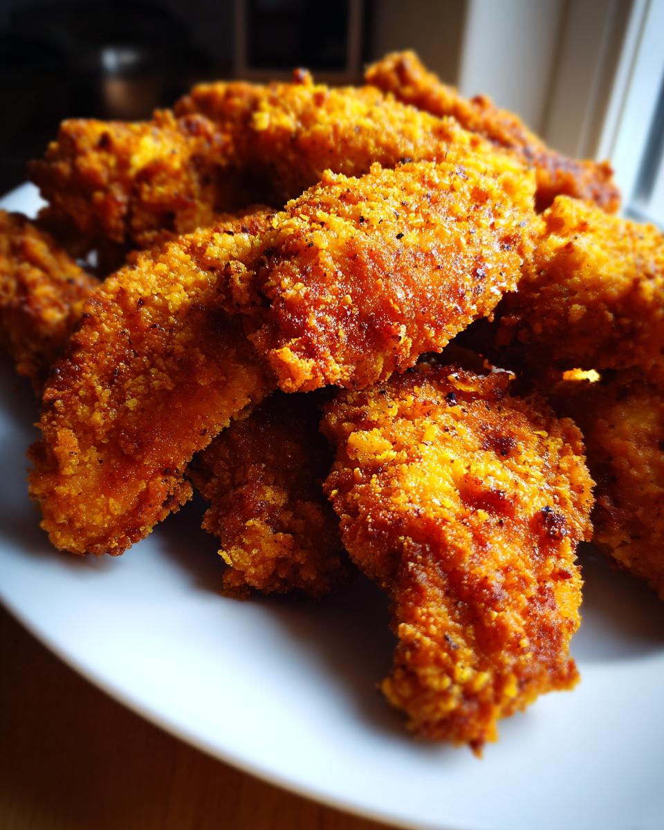 A pile of golden-brown, crispy chicken tenders cooked in an air fryer, presented on a white plate.