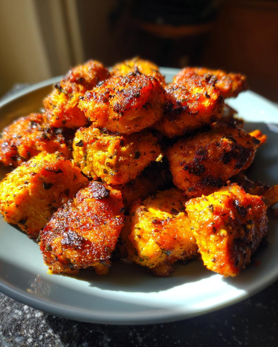 Close-up of golden-brown air fryer salmon bites seasoned with herbs, piled on a plate.