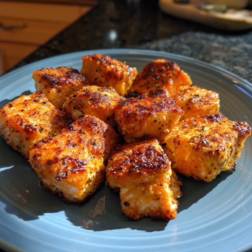 A plate of golden-brown, seasoned air fryer salmon bites, perfect for fast protein dinners.