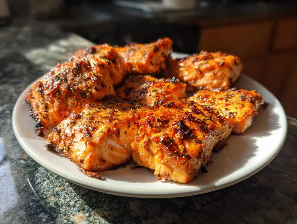 A plate full of golden-brown air fryer salmon bites seasoned with herbs, perfect for fast protein dinners.