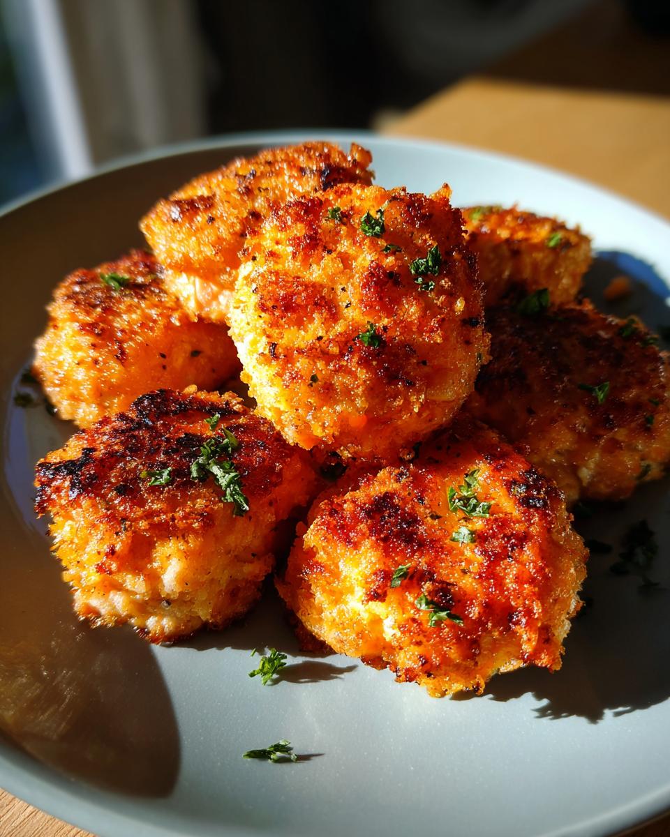 A pile of golden-brown, crispy air fryer salmon bites sprinkled with fresh parsley on a blue plate.