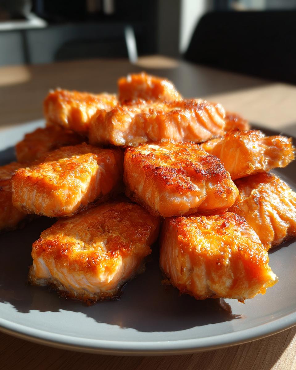 A pile of golden-brown air fryer salmon bites on a gray plate, perfect for fast protein dinners.