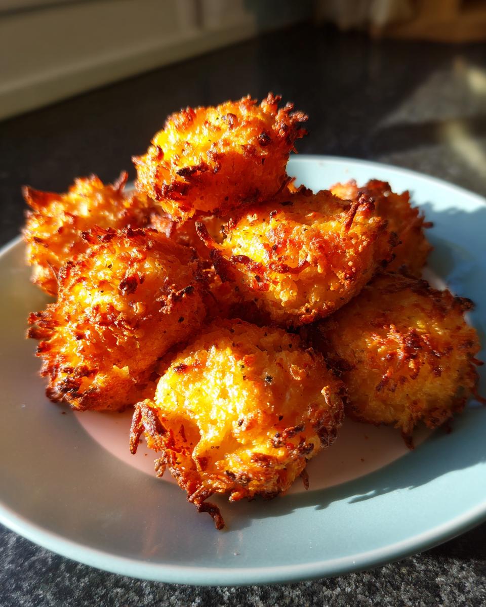 A pile of golden-brown air fryer salmon bites on a blue plate, perfect for fast protein dinners.