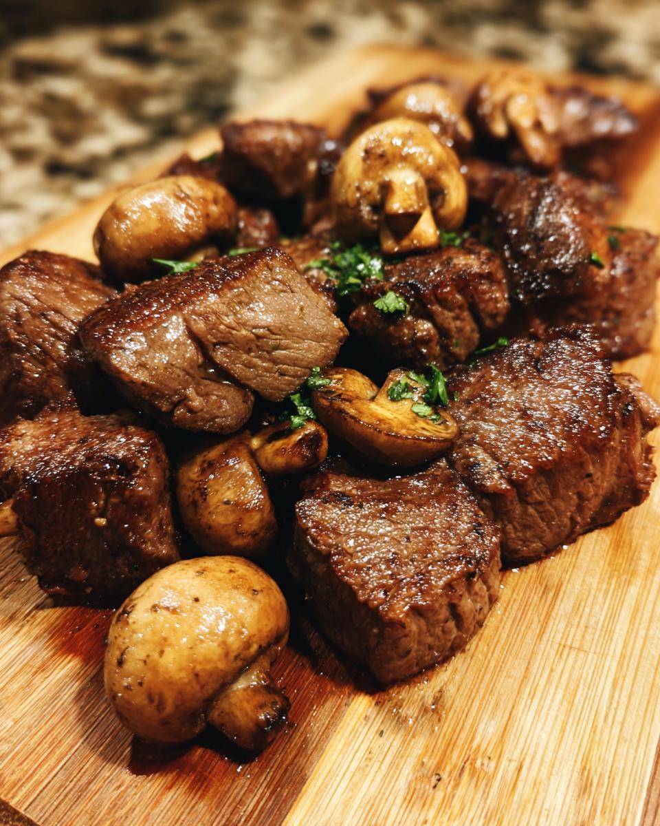 Close-up of juicy air fryer steak bites and mushrooms seasoned and garnished with parsley on a wooden board.