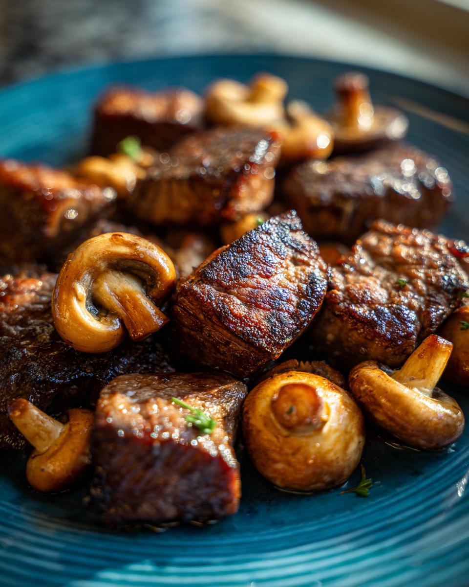 Close-up of juicy air fryer steak bites and golden brown mushrooms on a blue plate.