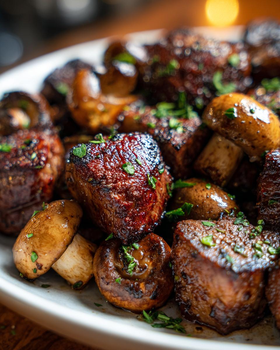 Close-up of juicy air fryer steak bites and mushrooms seasoned and garnished with parsley.