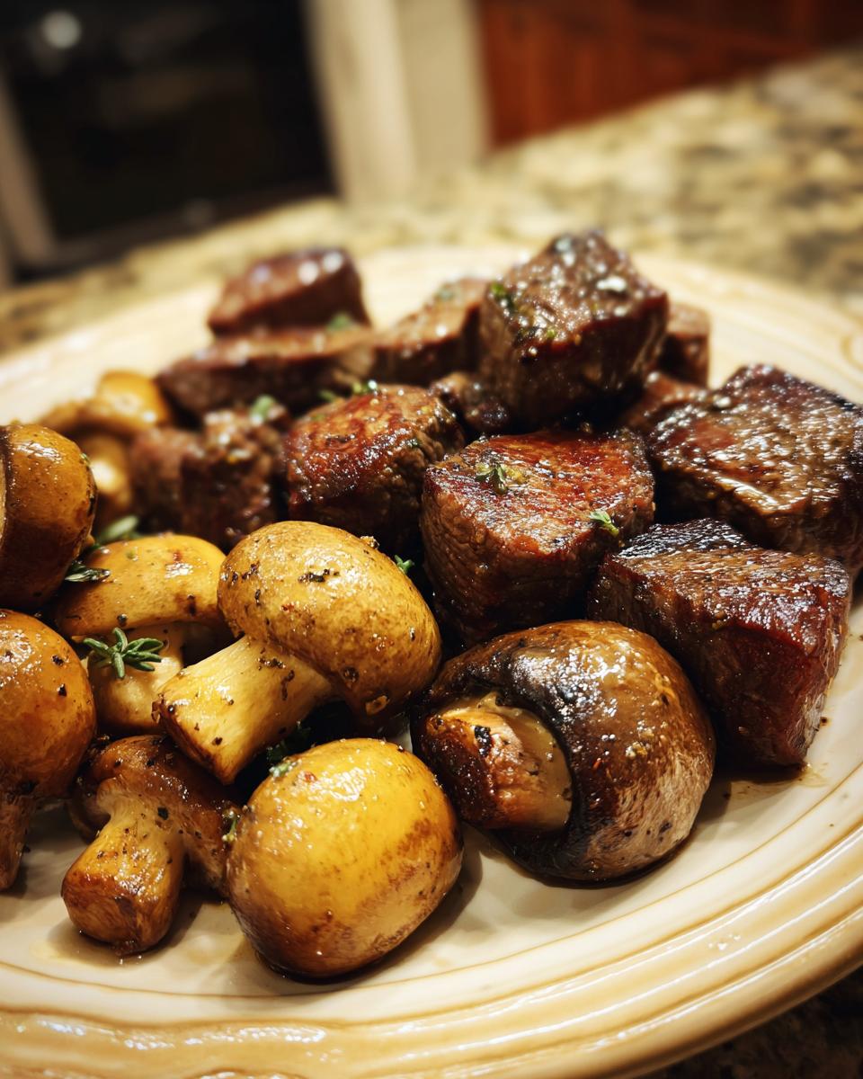 Close-up of juicy air fryer steak bites and whole mushrooms seasoned and cooked to perfection.