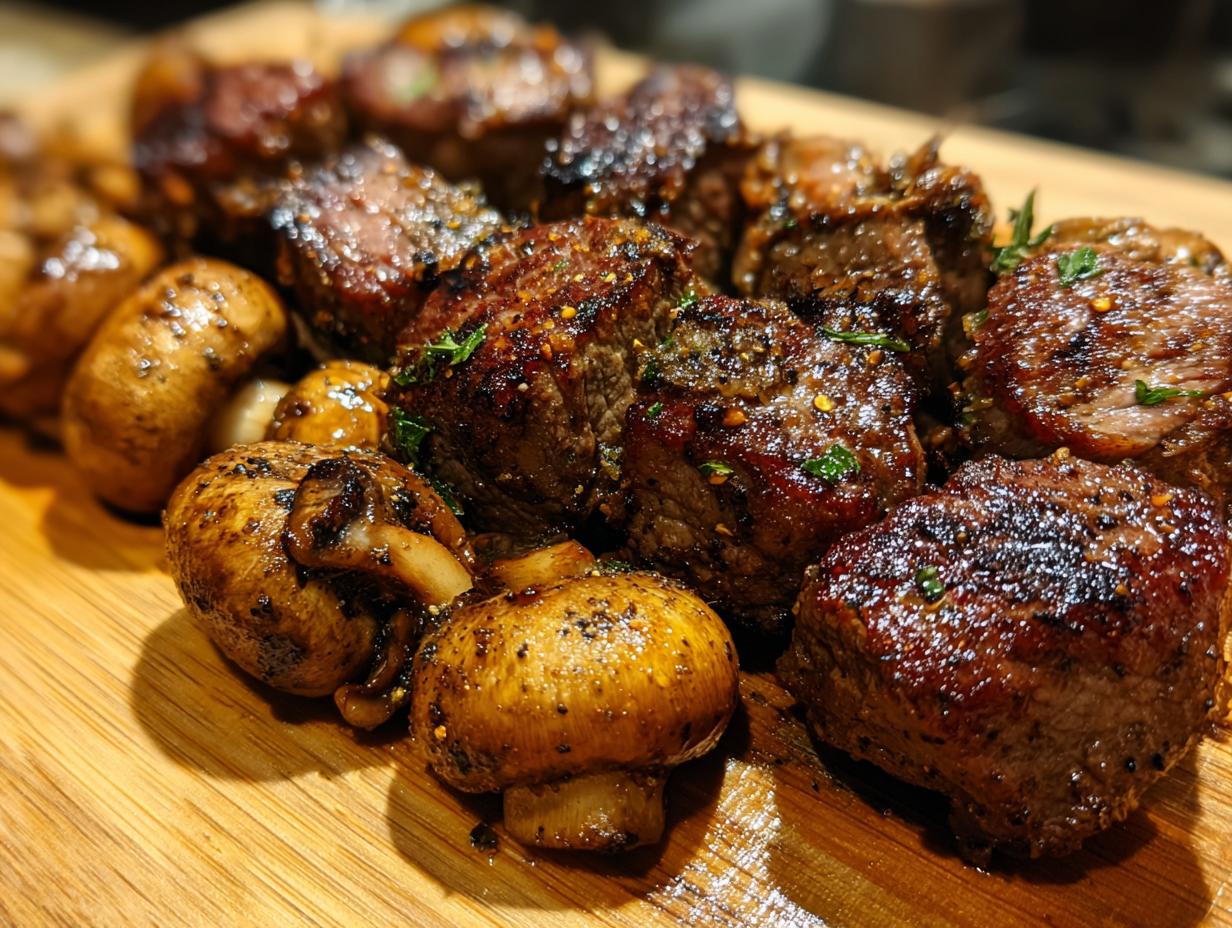 Close-up of juicy air fryer steak bites and mushrooms seasoned with herbs and spices on a wooden board.