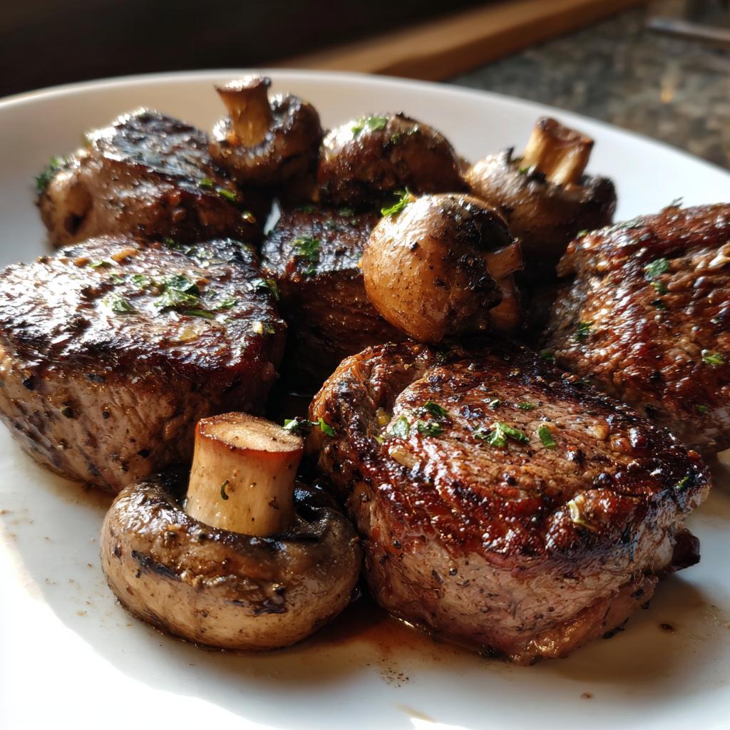 Close-up of juicy air fryer steak bites and mushrooms seasoned with herbs.
