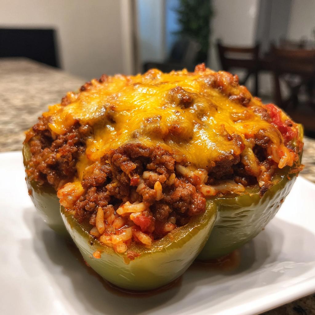 A close-up of a green bell pepper stuffed with ground beef, rice, and tomato sauce, topped with melted cheddar cheese, perfect for air fryer recipes.