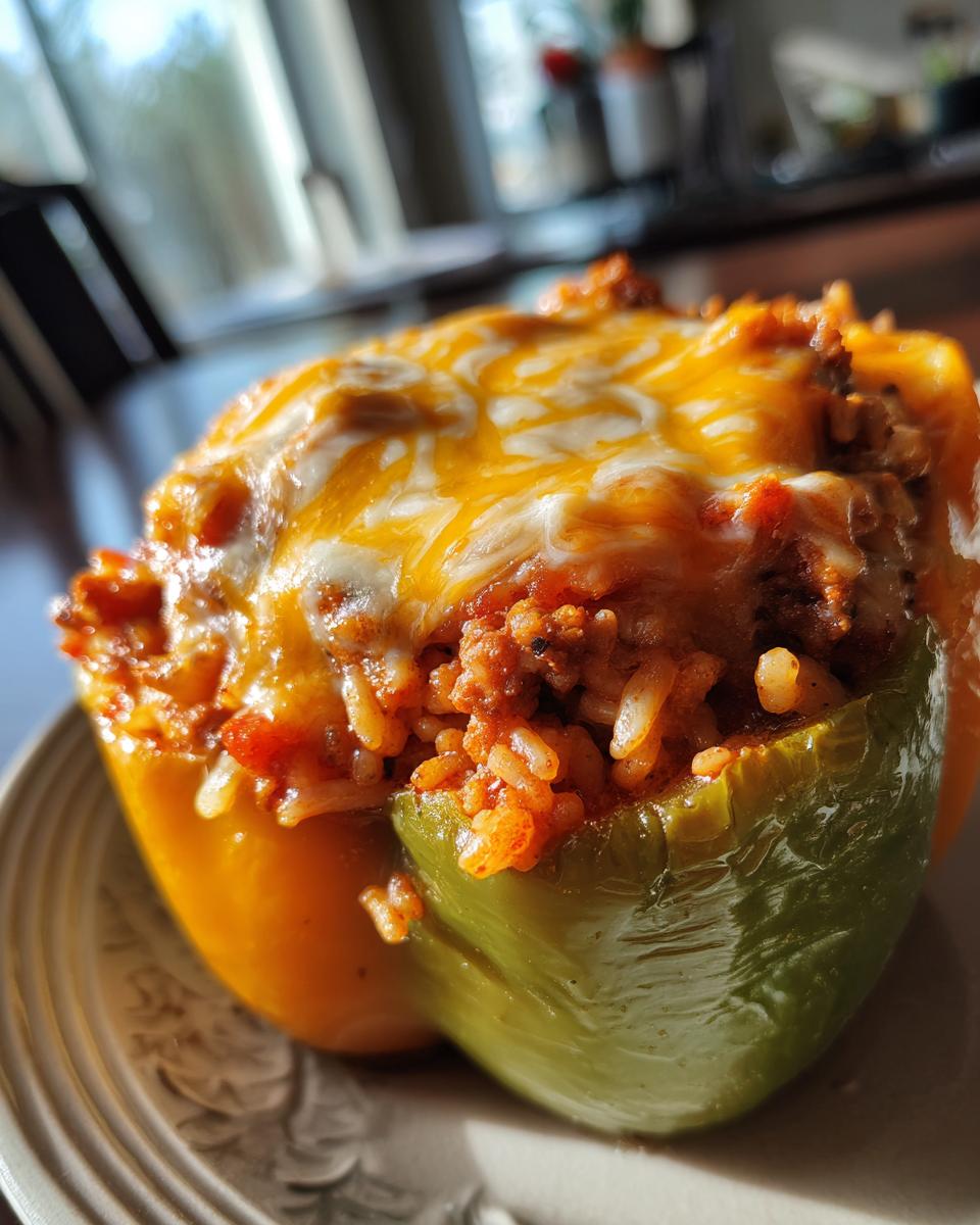 Close-up of air fryer stuffed peppers filled with rice and meat, topped with melted cheese.