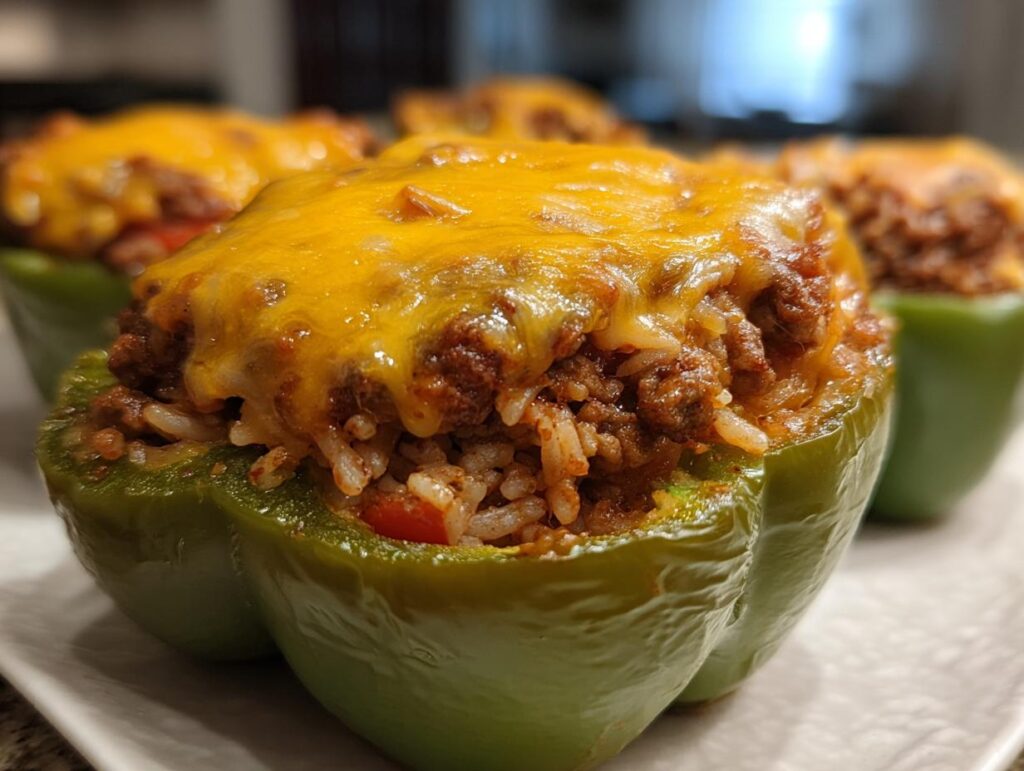 Close-up of green stuffed peppers in an air fryer recipe, topped with melted cheddar cheese.