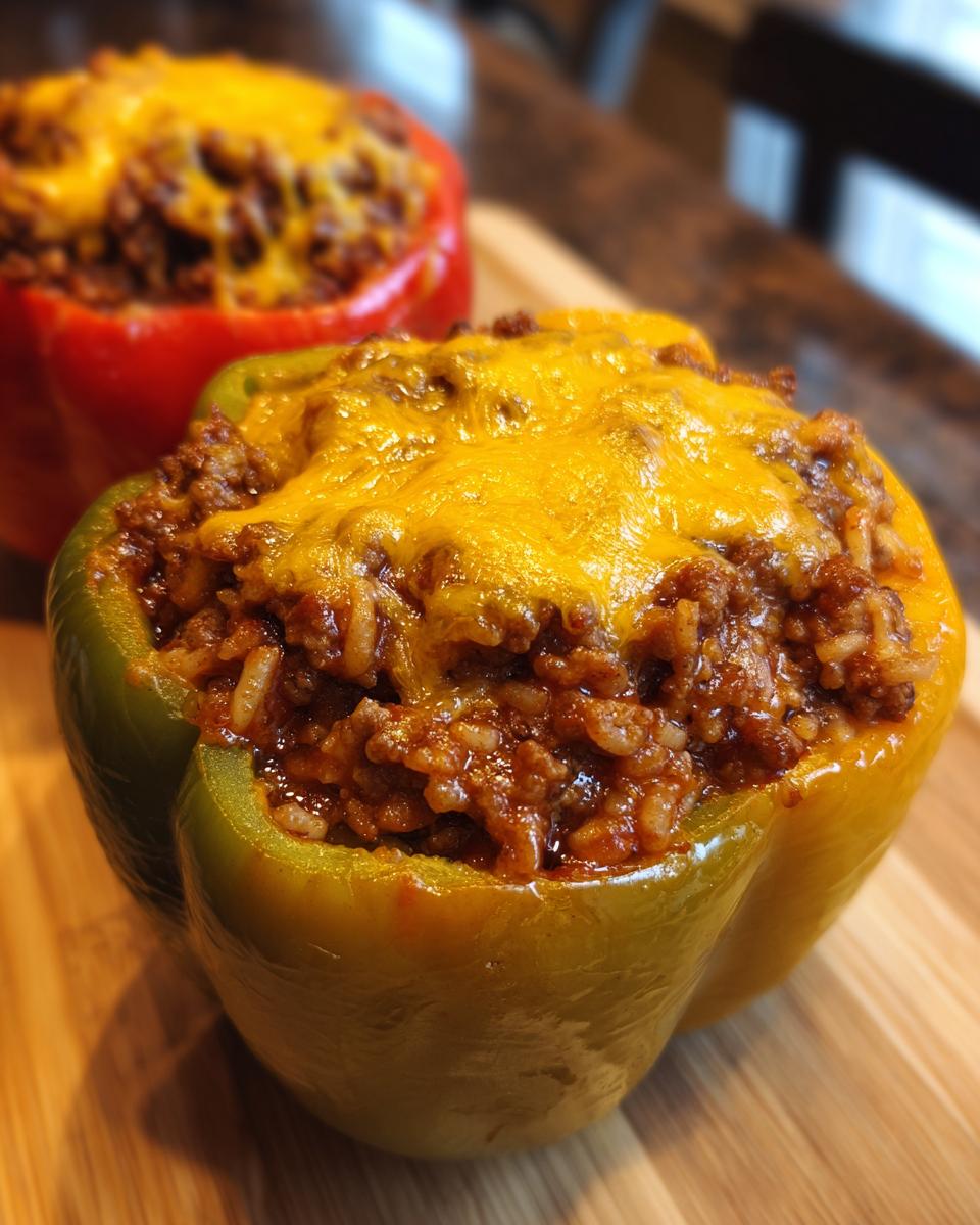 Close-up of a green stuffed pepper filled with seasoned ground meat and rice, topped with melted cheddar cheese. Another red stuffed pepper is blurred in the background.