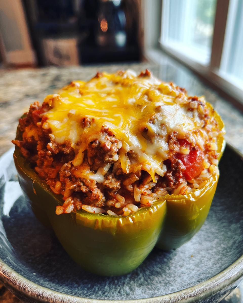 A single green stuffed pepper filled with seasoned ground beef and rice, topped with melted cheese, ready for air frying.
