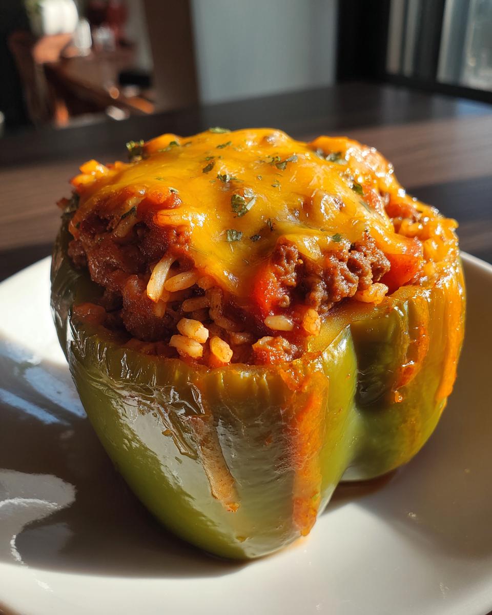 A close-up of a green bell pepper stuffed with a savory mixture of ground meat, rice, and tomato sauce, topped with melted cheese and herbs.