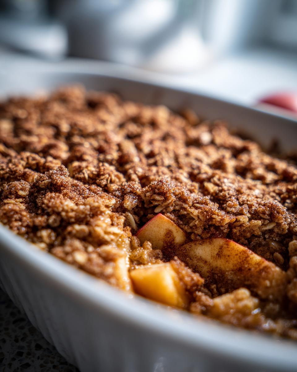 Close-up of baked apple cinnamon oatmeal in a white dish, showing chunks of apple and a crumb topping.