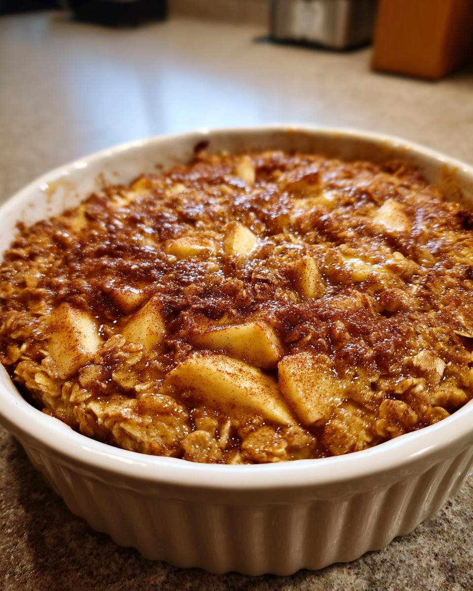 Close-up of freshly baked apple cinnamon oatmeal in a white dish, a perfect breakfast idea.