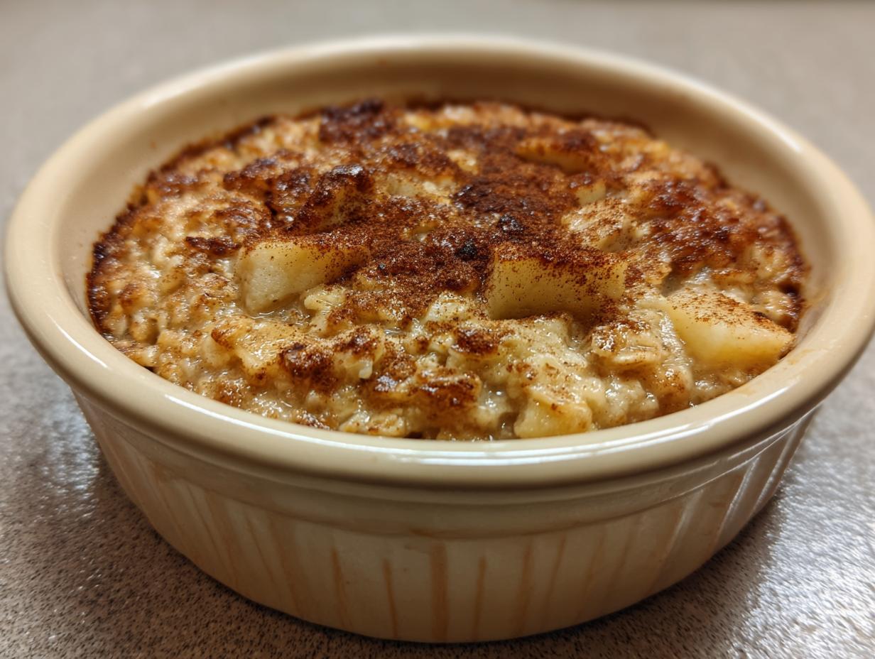 Close-up of a single serving of Apple Cinnamon Baked Oatmeal in a ramekin, topped with cinnamon.