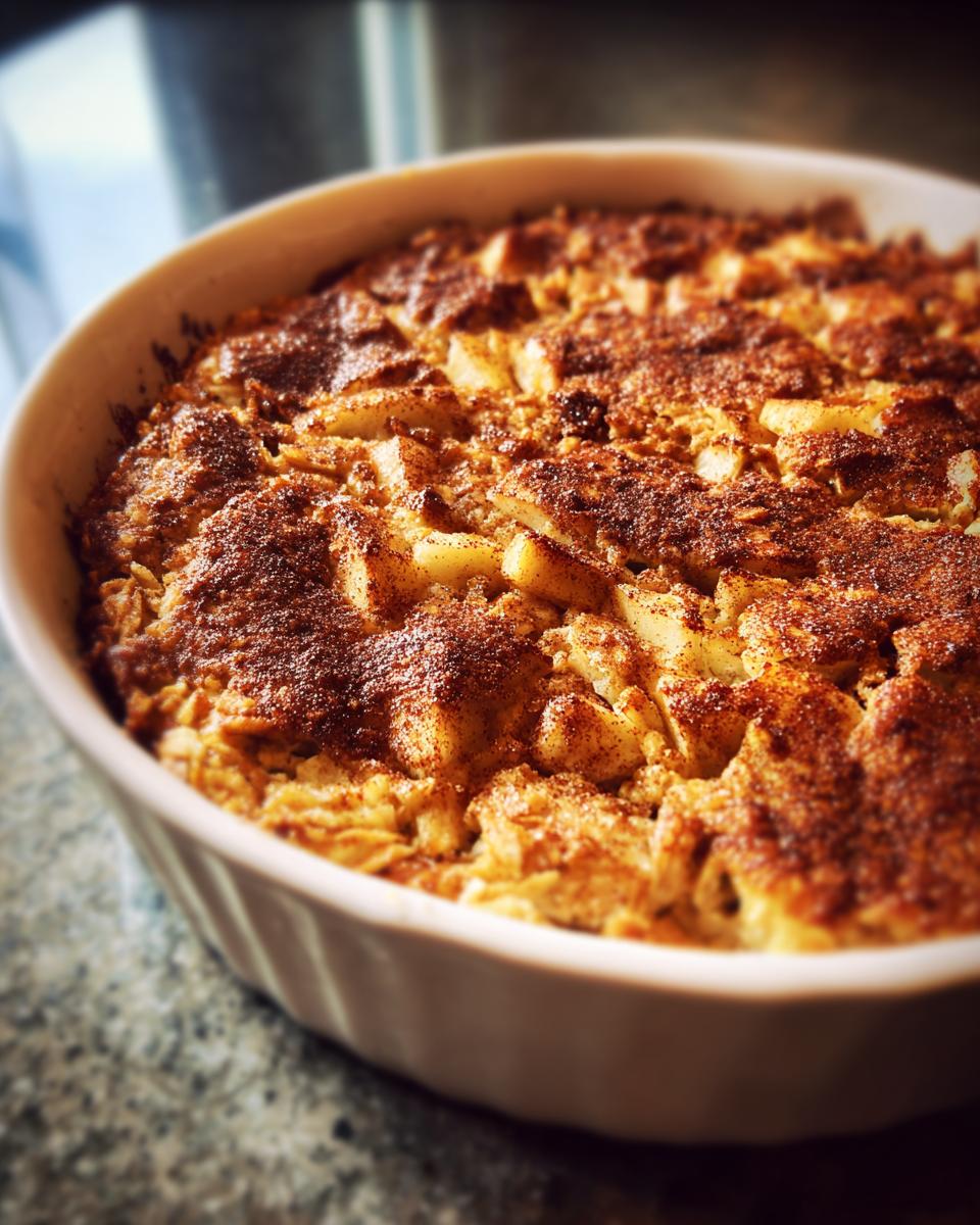 Close-up of a freshly baked apple cinnamon baked oatmeal in a white dish, topped with cinnamon.