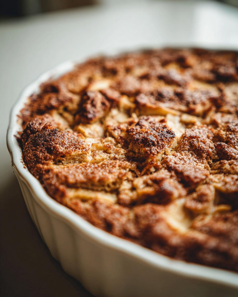 Close-up of freshly baked Apple Cinnamon Baked Oatmeal in a white baking dish, showing a golden-brown, crumbly topping.