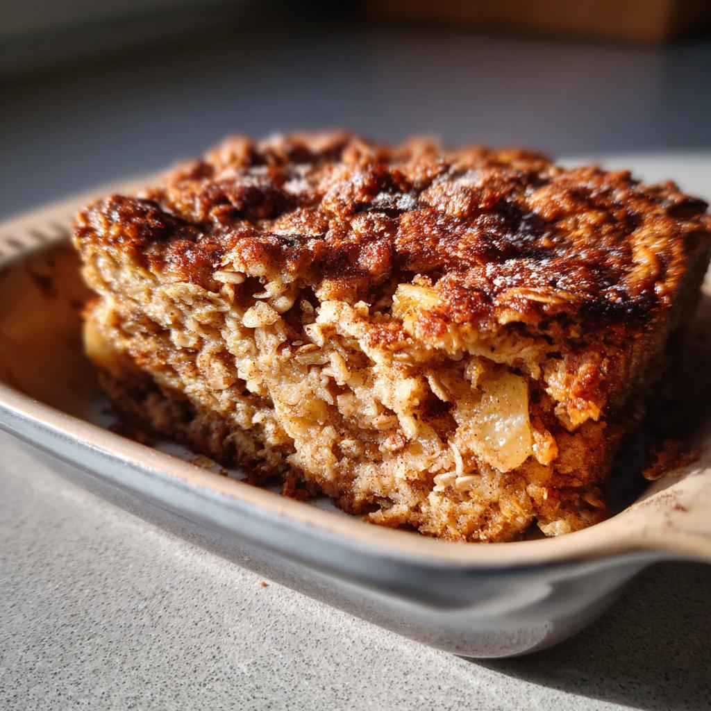 A close-up of a delicious slice of Apple Cinnamon Baked Oatmeal, perfect for breakfast ideas.