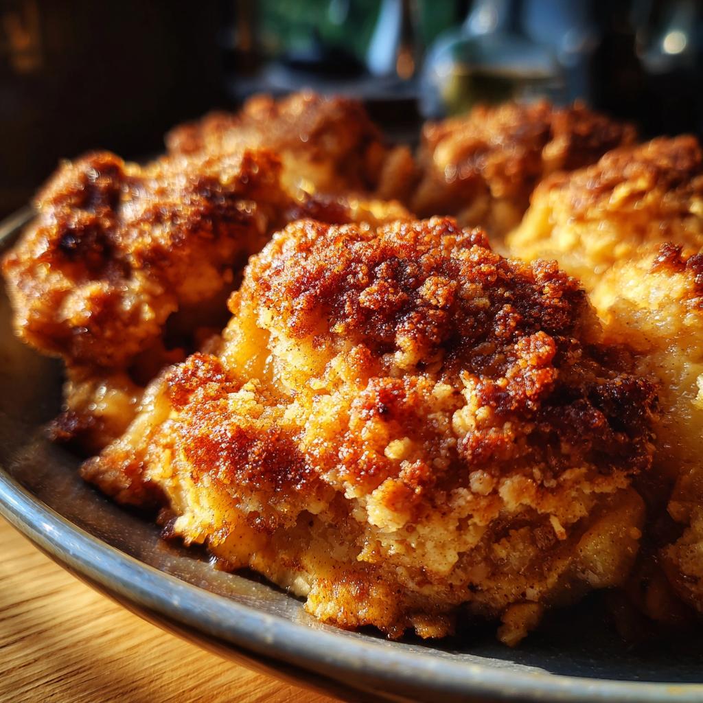 Close-up of a warm and buttery apple crisp dessert with a golden-brown crumble topping.