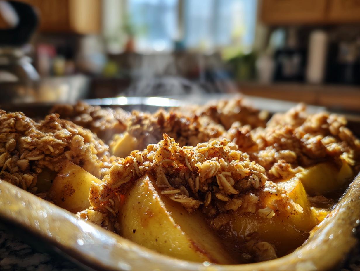 Close-up of steaming apple crisp with a buttery oat topping, showcasing tender apple slices.
