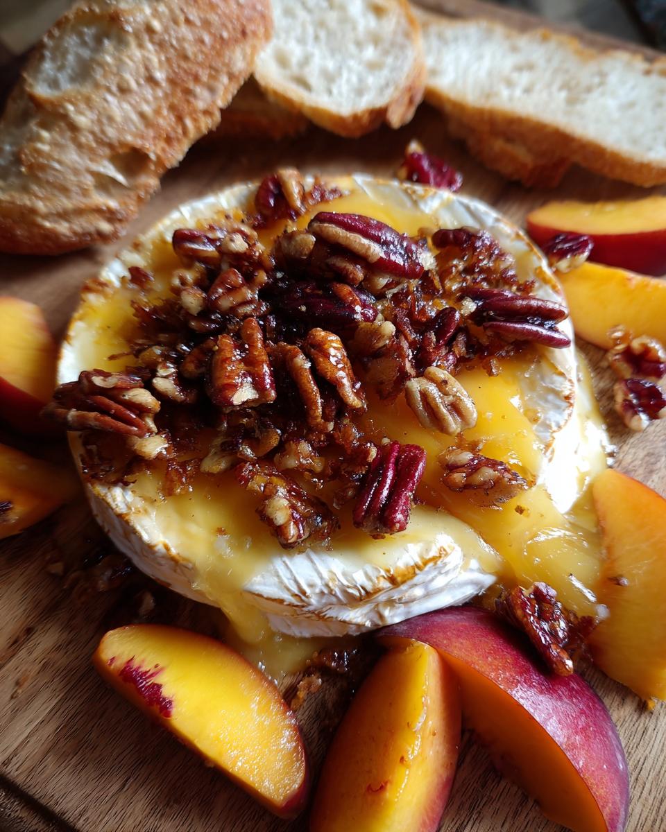 Close-up of baked brie topped with toasted pecans and surrounded by peach slices and bread.