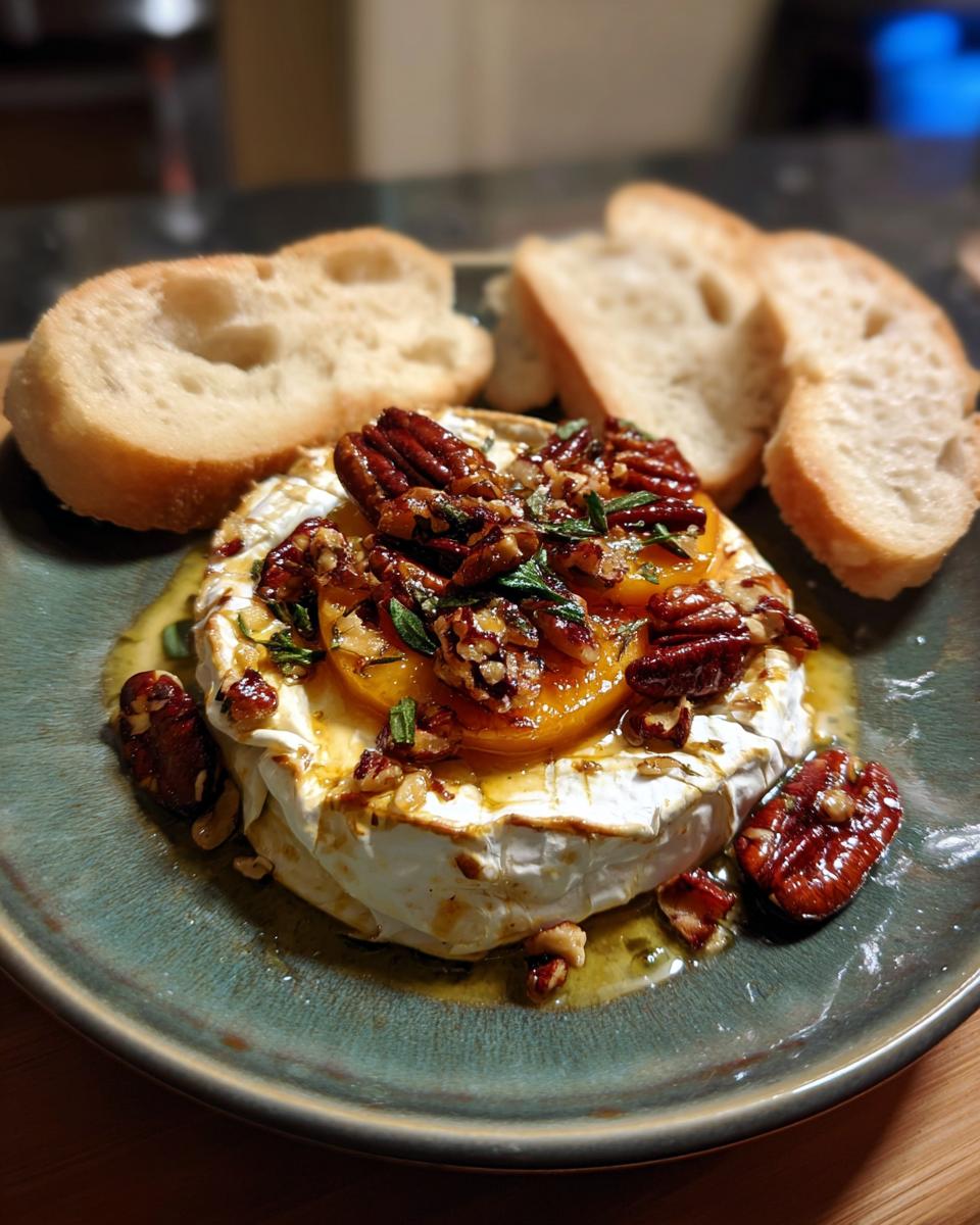 A wheel of baked brie topped with sliced peaches, toasted pecans, and herbs, served with toasted bread slices.