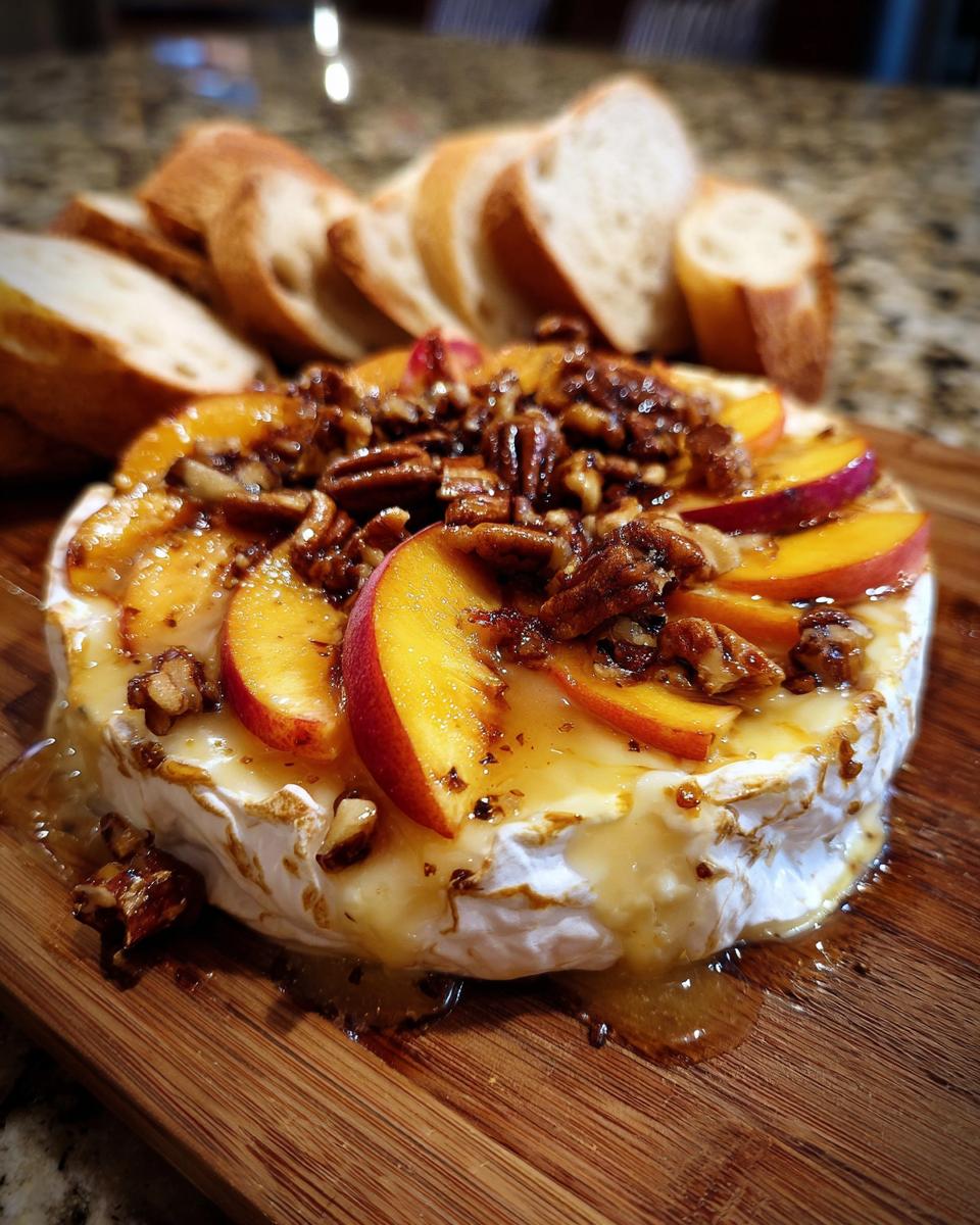 Close-up of baked brie topped with sliced peaches, toasted pecans, and drizzled with honey, served with baguette slices.