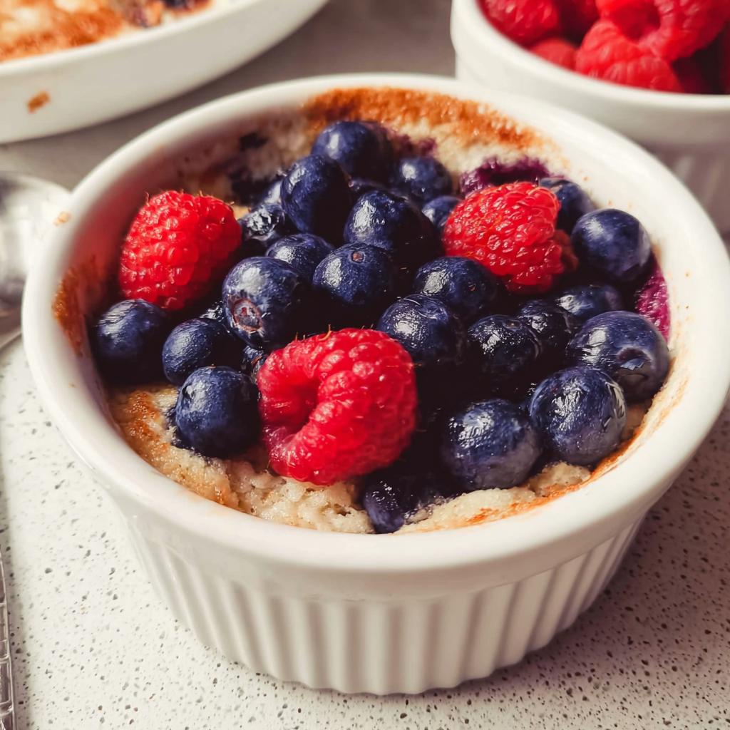 A close-up of a fluffy baked protein bowl topped with fresh blueberries and raspberries.