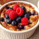 A close-up of a fluffy baked protein bowl topped with fresh raspberries and blueberries.