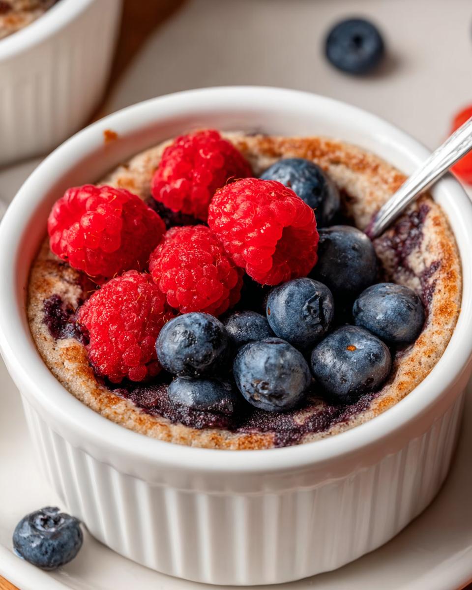 Close-up of a fluffy baked protein bowl topped with fresh raspberries and blueberries.