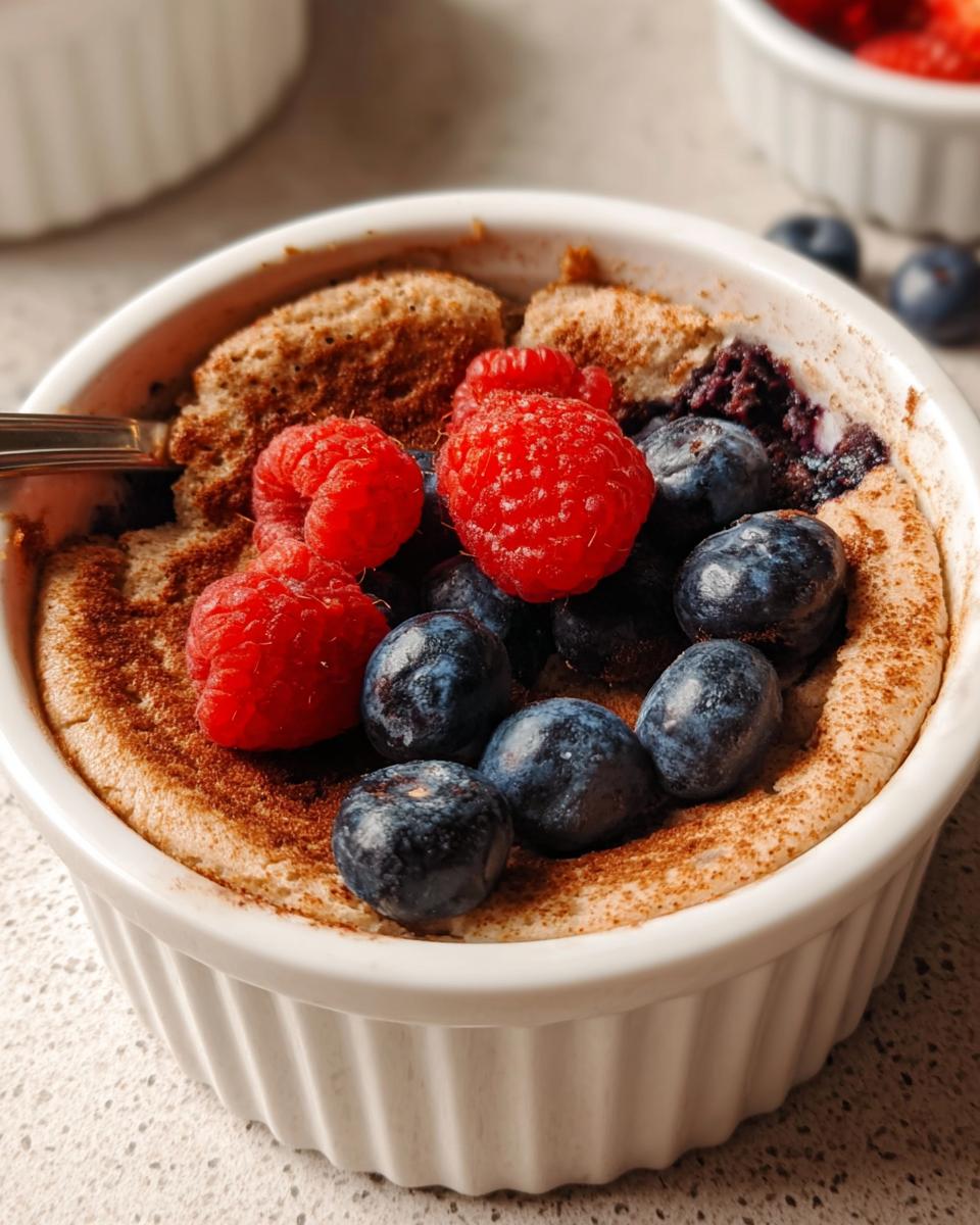 A fluffy baked protein bowl topped with fresh blueberries and raspberries, dusted with cinnamon.