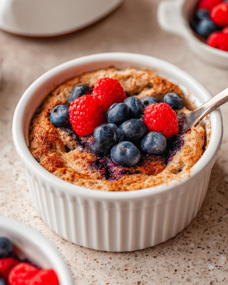 A fluffy baked protein bowl topped with fresh blueberries and raspberries, ready to be eaten.
