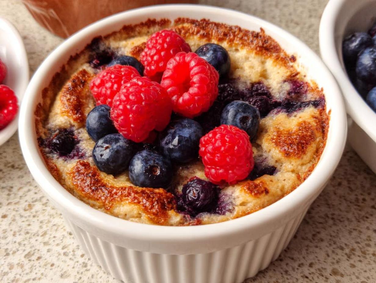 A close-up of a fluffy baked protein bowl topped with fresh raspberries and blueberries.